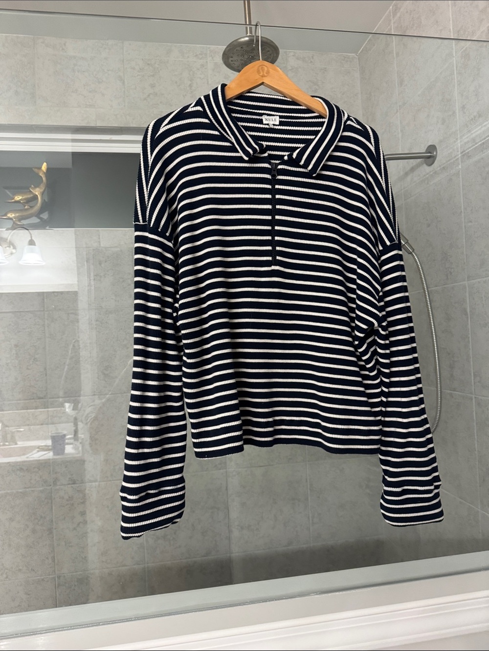 KULE Navy and White Striped Zip-Front Polo Sweater